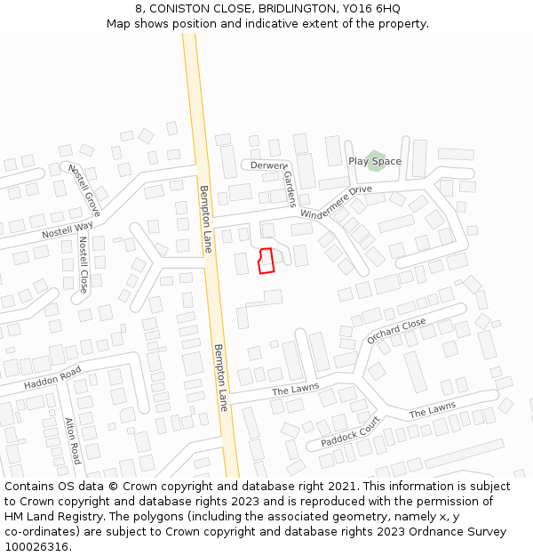 8, CONISTON CLOSE, BRIDLINGTON, YO16 6HQ: Location map and indicative extent of plot