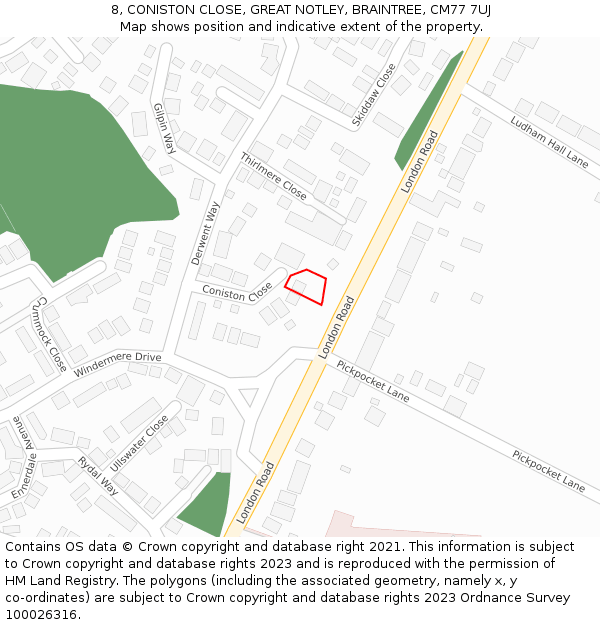 8, CONISTON CLOSE, GREAT NOTLEY, BRAINTREE, CM77 7UJ: Location map and indicative extent of plot