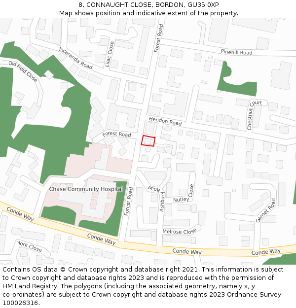 8, CONNAUGHT CLOSE, BORDON, GU35 0XP: Location map and indicative extent of plot