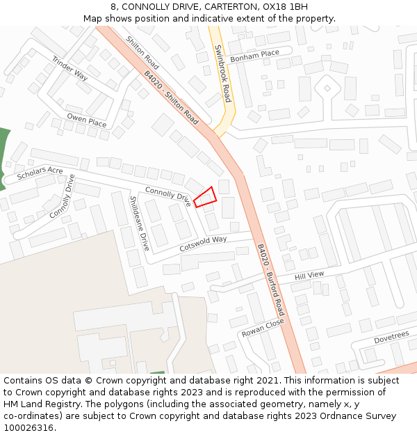 8, CONNOLLY DRIVE, CARTERTON, OX18 1BH: Location map and indicative extent of plot