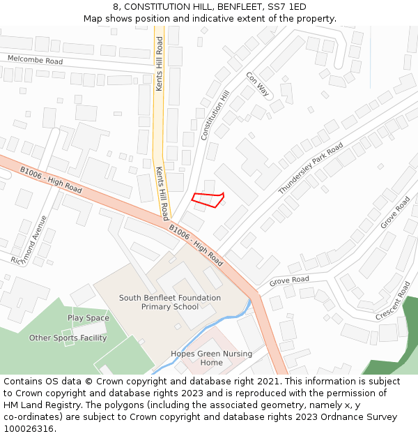 8, CONSTITUTION HILL, BENFLEET, SS7 1ED: Location map and indicative extent of plot