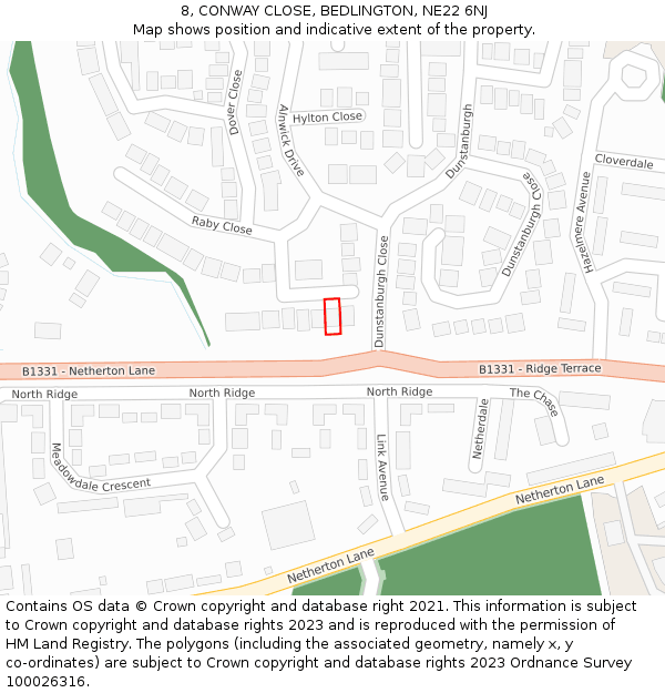 8, CONWAY CLOSE, BEDLINGTON, NE22 6NJ: Location map and indicative extent of plot