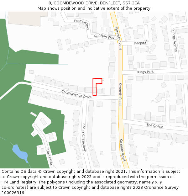 8, COOMBEWOOD DRIVE, BENFLEET, SS7 3EA: Location map and indicative extent of plot