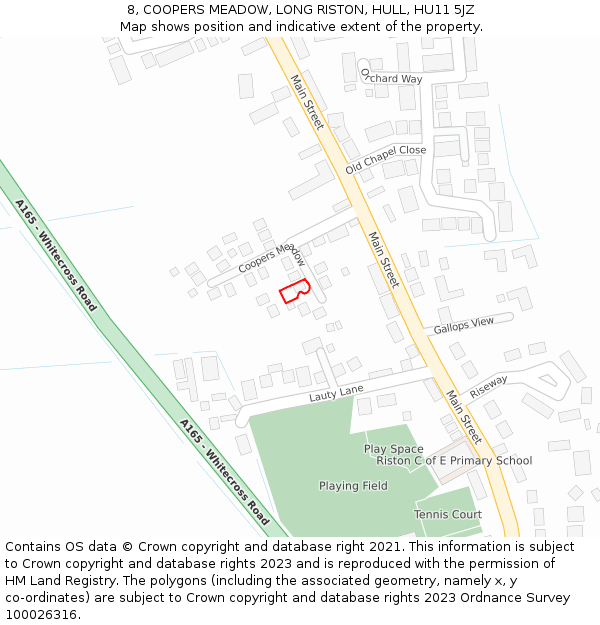 8, COOPERS MEADOW, LONG RISTON, HULL, HU11 5JZ: Location map and indicative extent of plot