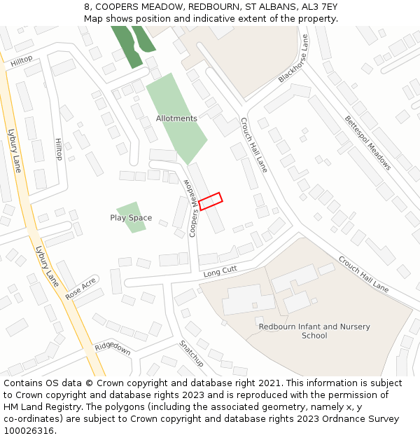 8, COOPERS MEADOW, REDBOURN, ST ALBANS, AL3 7EY: Location map and indicative extent of plot