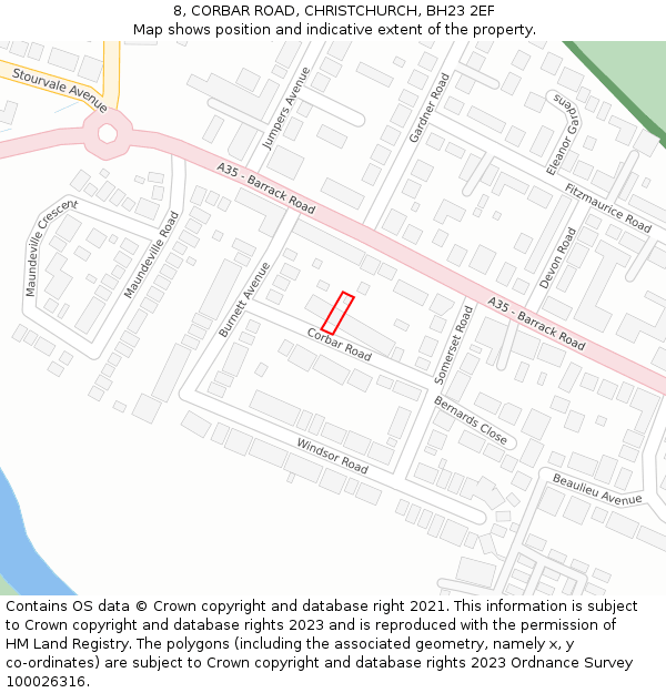 8, CORBAR ROAD, CHRISTCHURCH, BH23 2EF: Location map and indicative extent of plot