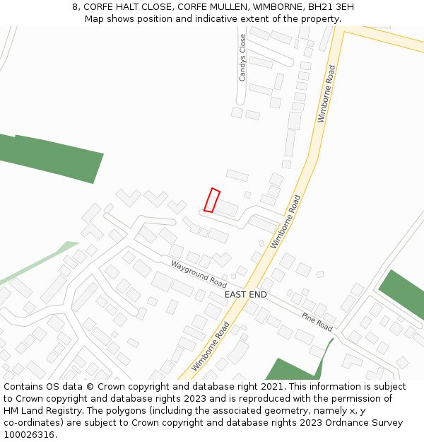 8, CORFE HALT CLOSE, CORFE MULLEN, WIMBORNE, BH21 3EH: Location map and indicative extent of plot