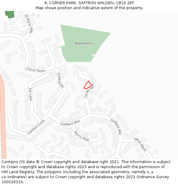 8, CORNER PARK, SAFFRON WALDEN, CB10 2EF: Location map and indicative extent of plot