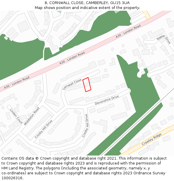 8, CORNWALL CLOSE, CAMBERLEY, GU15 3UA: Location map and indicative extent of plot