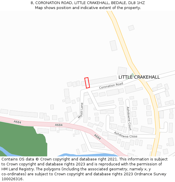 8, CORONATION ROAD, LITTLE CRAKEHALL, BEDALE, DL8 1HZ: Location map and indicative extent of plot