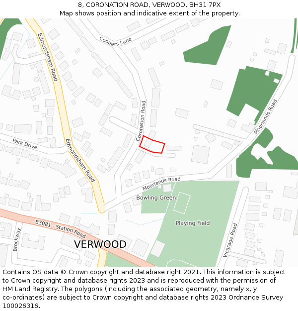8, CORONATION ROAD, VERWOOD, BH31 7PX: Location map and indicative extent of plot