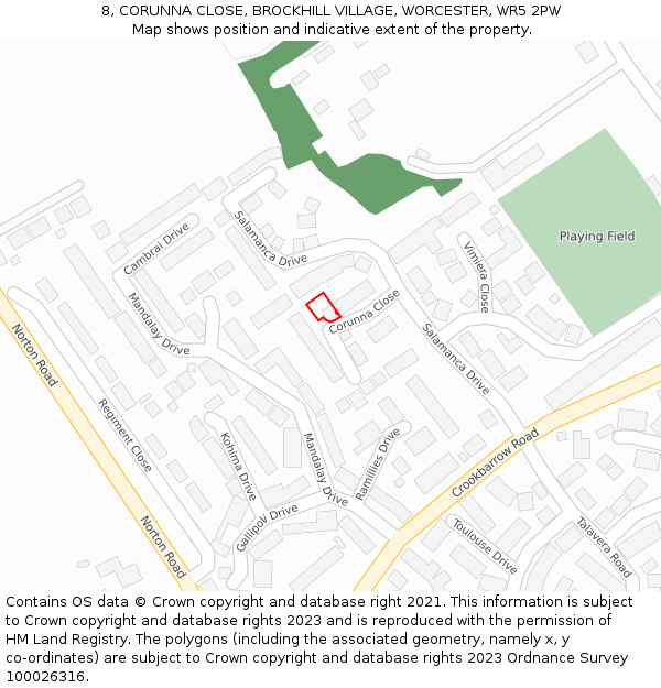 8, CORUNNA CLOSE, BROCKHILL VILLAGE, WORCESTER, WR5 2PW: Location map and indicative extent of plot