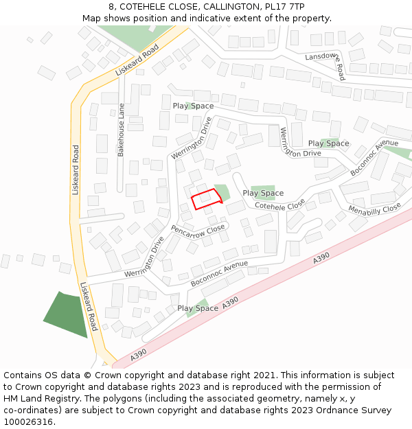 8, COTEHELE CLOSE, CALLINGTON, PL17 7TP: Location map and indicative extent of plot