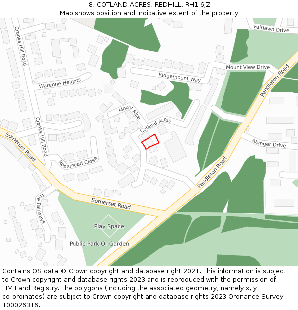 8, COTLAND ACRES, REDHILL, RH1 6JZ: Location map and indicative extent of plot