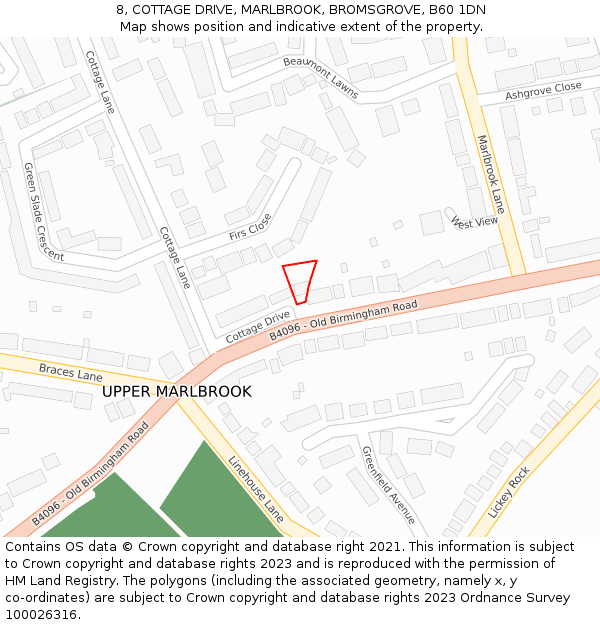 8, COTTAGE DRIVE, MARLBROOK, BROMSGROVE, B60 1DN: Location map and indicative extent of plot