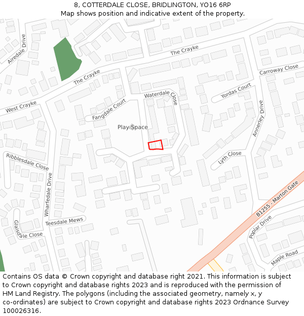 8, COTTERDALE CLOSE, BRIDLINGTON, YO16 6RP: Location map and indicative extent of plot