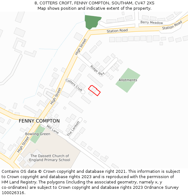 8, COTTERS CROFT, FENNY COMPTON, SOUTHAM, CV47 2XS: Location map and indicative extent of plot