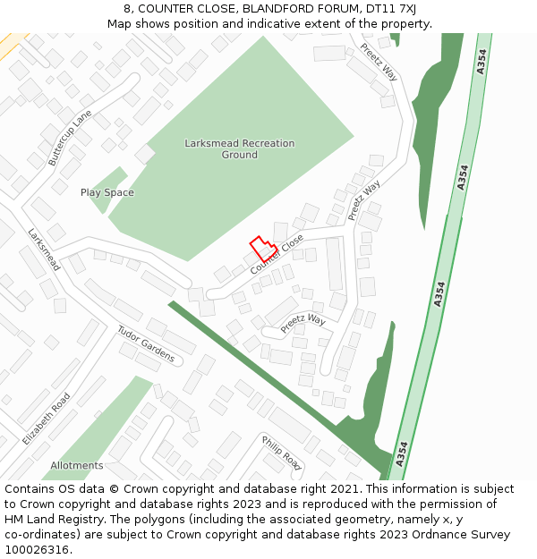 8, COUNTER CLOSE, BLANDFORD FORUM, DT11 7XJ: Location map and indicative extent of plot