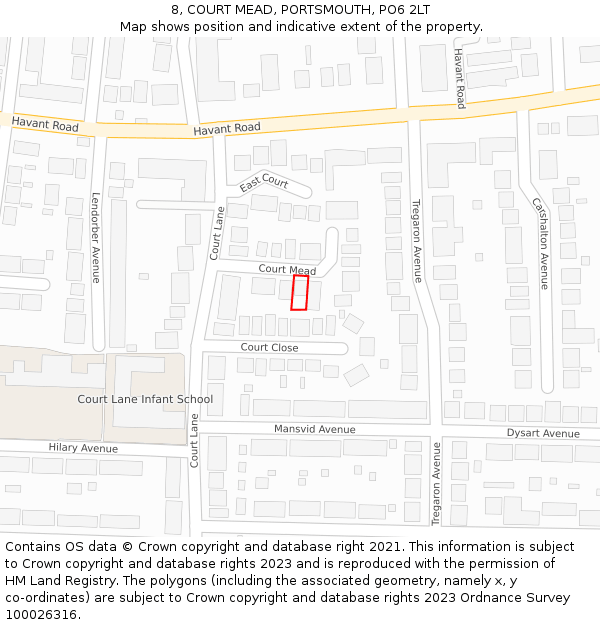 8, COURT MEAD, PORTSMOUTH, PO6 2LT: Location map and indicative extent of plot