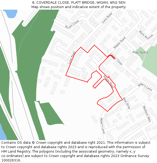 8, COVERDALE CLOSE, PLATT BRIDGE, WIGAN, WN2 5EN: Location map and indicative extent of plot