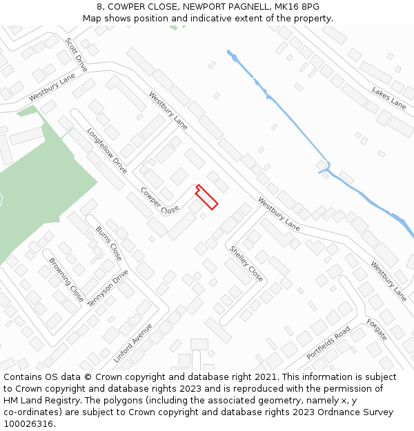 8, COWPER CLOSE, NEWPORT PAGNELL, MK16 8PG: Location map and indicative extent of plot