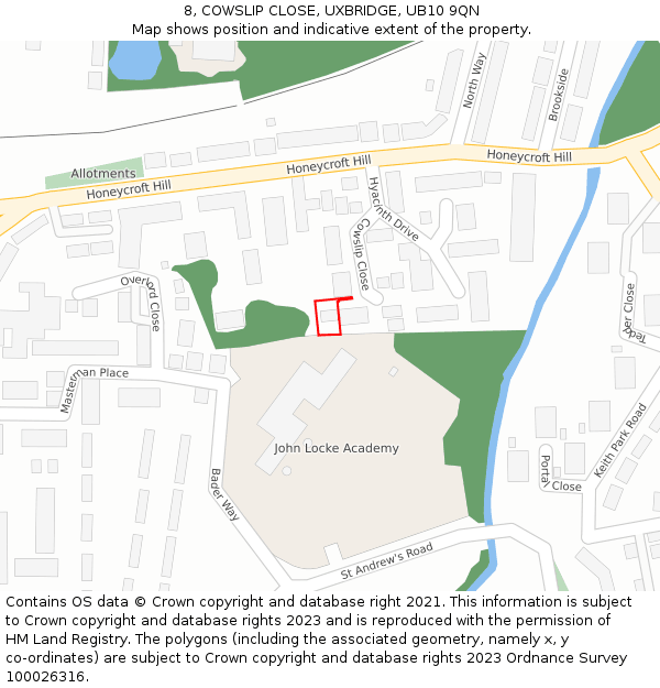 8, COWSLIP CLOSE, UXBRIDGE, UB10 9QN: Location map and indicative extent of plot