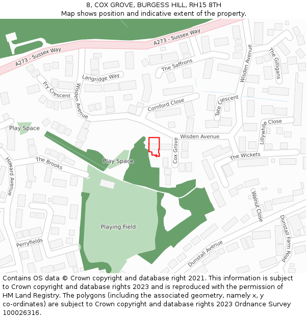 8, COX GROVE, BURGESS HILL, RH15 8TH: Location map and indicative extent of plot