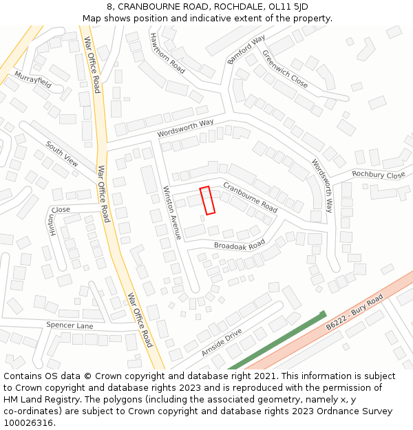 8, CRANBOURNE ROAD, ROCHDALE, OL11 5JD: Location map and indicative extent of plot