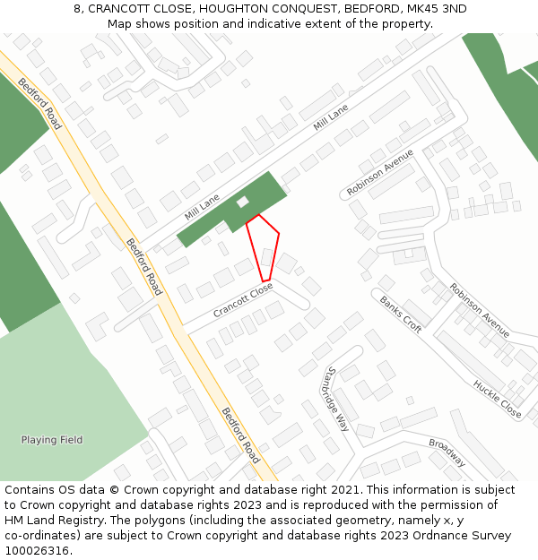 8, CRANCOTT CLOSE, HOUGHTON CONQUEST, BEDFORD, MK45 3ND: Location map and indicative extent of plot