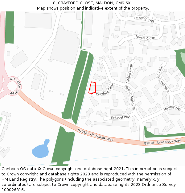 8, CRAYFORD CLOSE, MALDON, CM9 6XL: Location map and indicative extent of plot