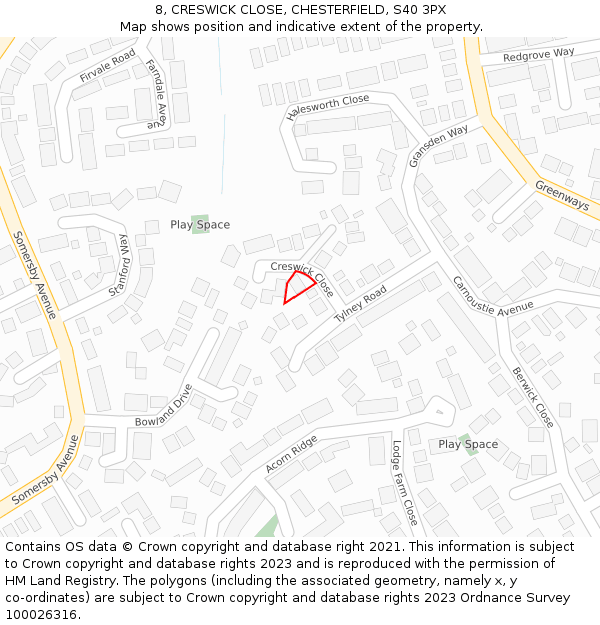 8, CRESWICK CLOSE, CHESTERFIELD, S40 3PX: Location map and indicative extent of plot