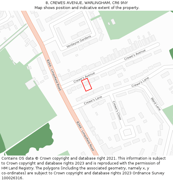 8, CREWES AVENUE, WARLINGHAM, CR6 9NY: Location map and indicative extent of plot