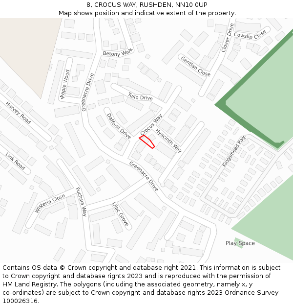 8, CROCUS WAY, RUSHDEN, NN10 0UP: Location map and indicative extent of plot