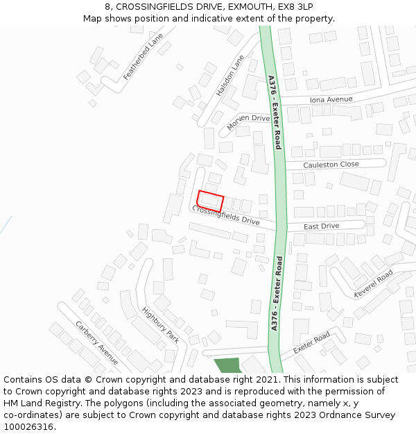 8, CROSSINGFIELDS DRIVE, EXMOUTH, EX8 3LP: Location map and indicative extent of plot