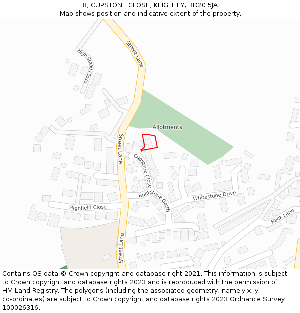 8, CUPSTONE CLOSE, KEIGHLEY, BD20 5JA: Location map and indicative extent of plot