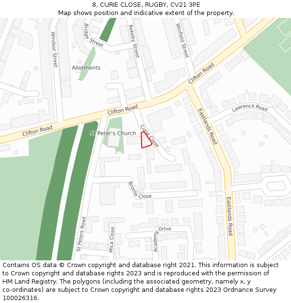 8, CURIE CLOSE, RUGBY, CV21 3PE: Location map and indicative extent of plot