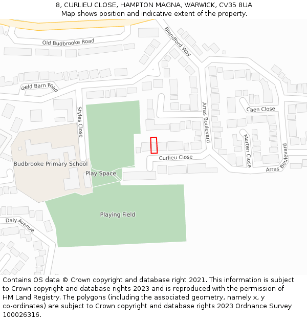 8, CURLIEU CLOSE, HAMPTON MAGNA, WARWICK, CV35 8UA: Location map and indicative extent of plot