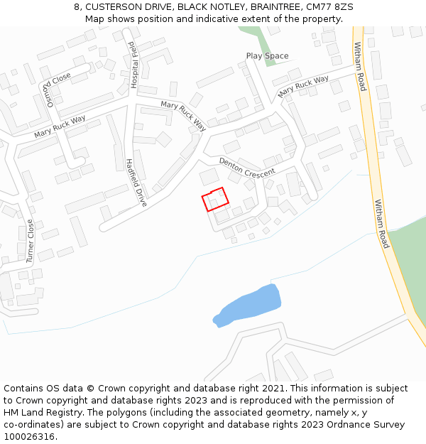8, CUSTERSON DRIVE, BLACK NOTLEY, BRAINTREE, CM77 8ZS: Location map and indicative extent of plot