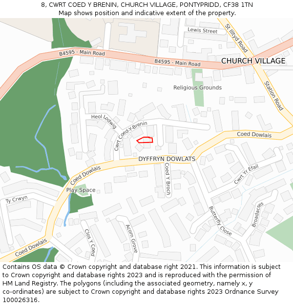 8, CWRT COED Y BRENIN, CHURCH VILLAGE, PONTYPRIDD, CF38 1TN: Location map and indicative extent of plot