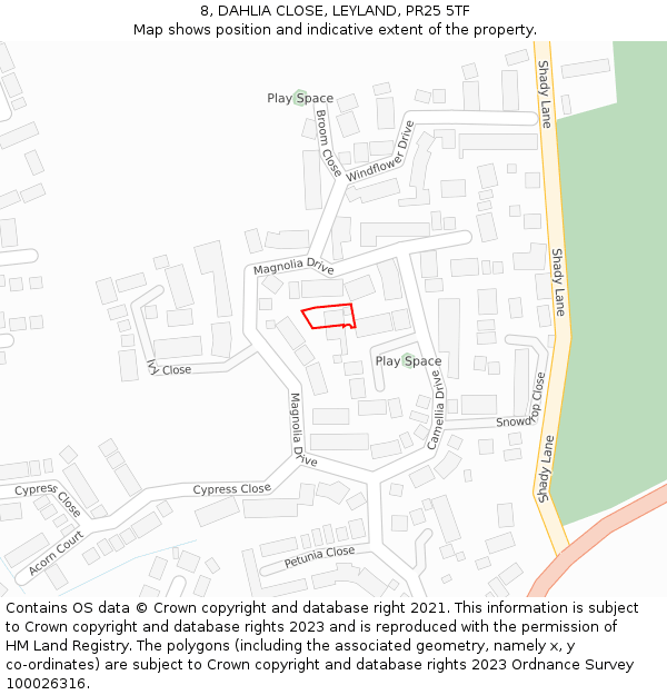 8, DAHLIA CLOSE, LEYLAND, PR25 5TF: Location map and indicative extent of plot