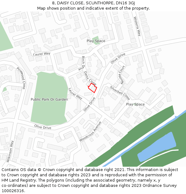 8, DAISY CLOSE, SCUNTHORPE, DN16 3GJ: Location map and indicative extent of plot