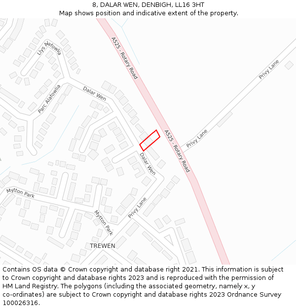 8, DALAR WEN, DENBIGH, LL16 3HT: Location map and indicative extent of plot