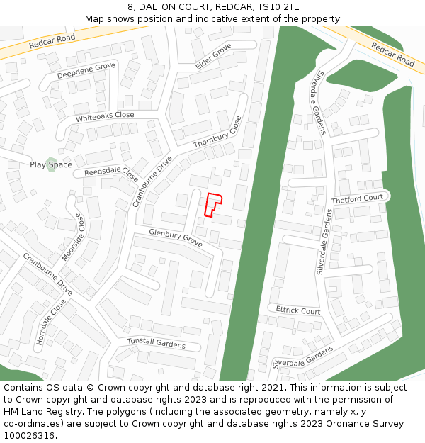 8, DALTON COURT, REDCAR, TS10 2TL: Location map and indicative extent of plot