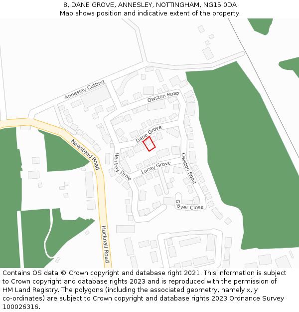 8, DANE GROVE, ANNESLEY, NOTTINGHAM, NG15 0DA: Location map and indicative extent of plot