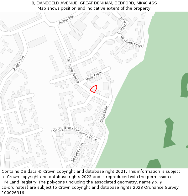 8, DANEGELD AVENUE, GREAT DENHAM, BEDFORD, MK40 4SS: Location map and indicative extent of plot
