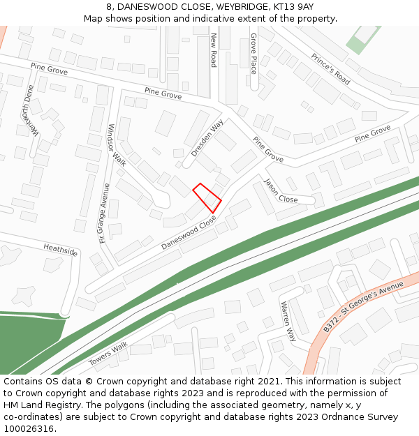 8, DANESWOOD CLOSE, WEYBRIDGE, KT13 9AY: Location map and indicative extent of plot