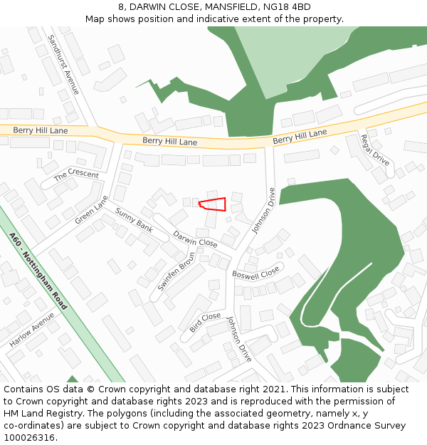 8, DARWIN CLOSE, MANSFIELD, NG18 4BD: Location map and indicative extent of plot