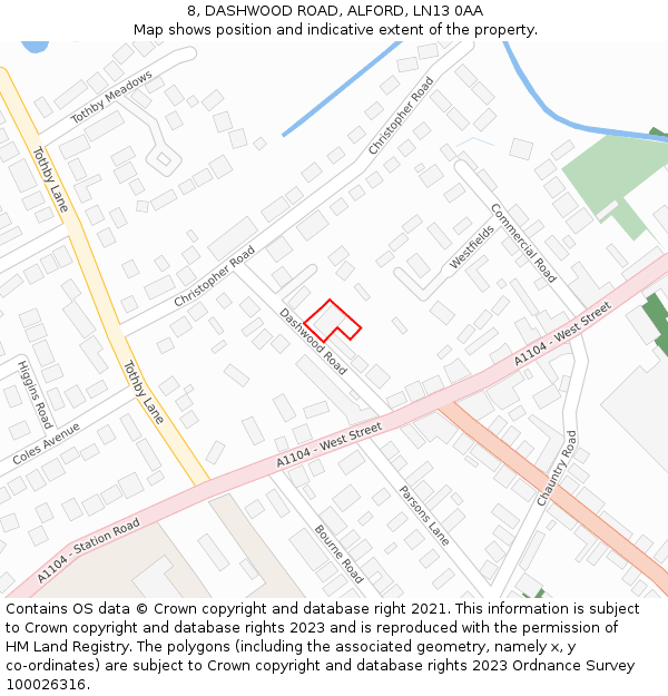 8, DASHWOOD ROAD, ALFORD, LN13 0AA: Location map and indicative extent of plot