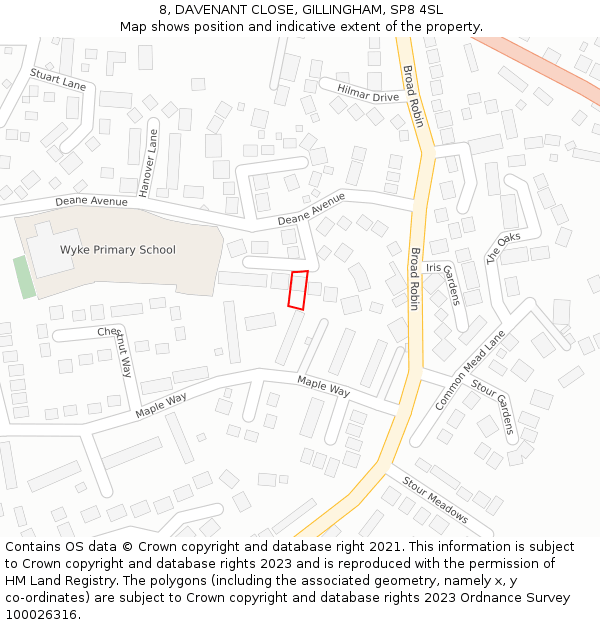 8, DAVENANT CLOSE, GILLINGHAM, SP8 4SL: Location map and indicative extent of plot