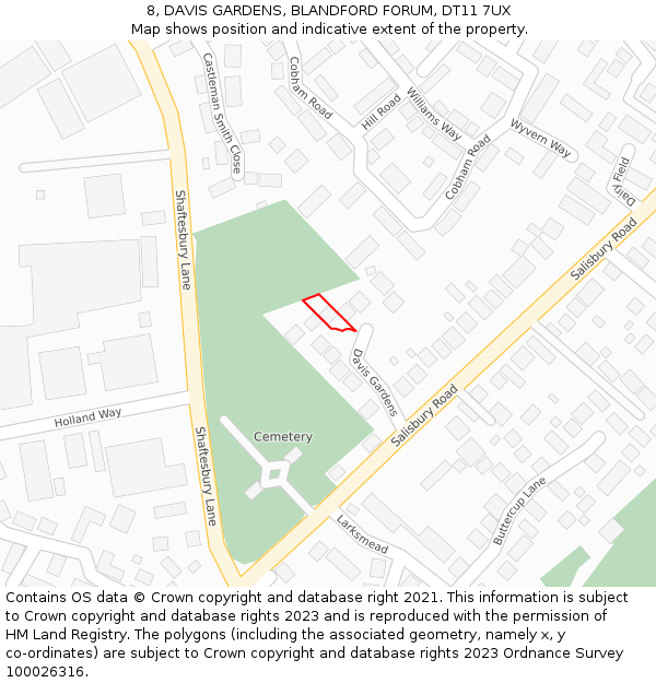 8, DAVIS GARDENS, BLANDFORD FORUM, DT11 7UX: Location map and indicative extent of plot